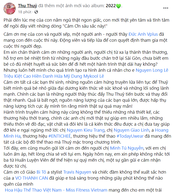 Đoàn Thu Thủy gửi lời cảm ơn tới những người đã giúp đỡ, đồng hành cùng cô trong cuộc thi Hoa hậu Thể thao Việt Nam 2022.  