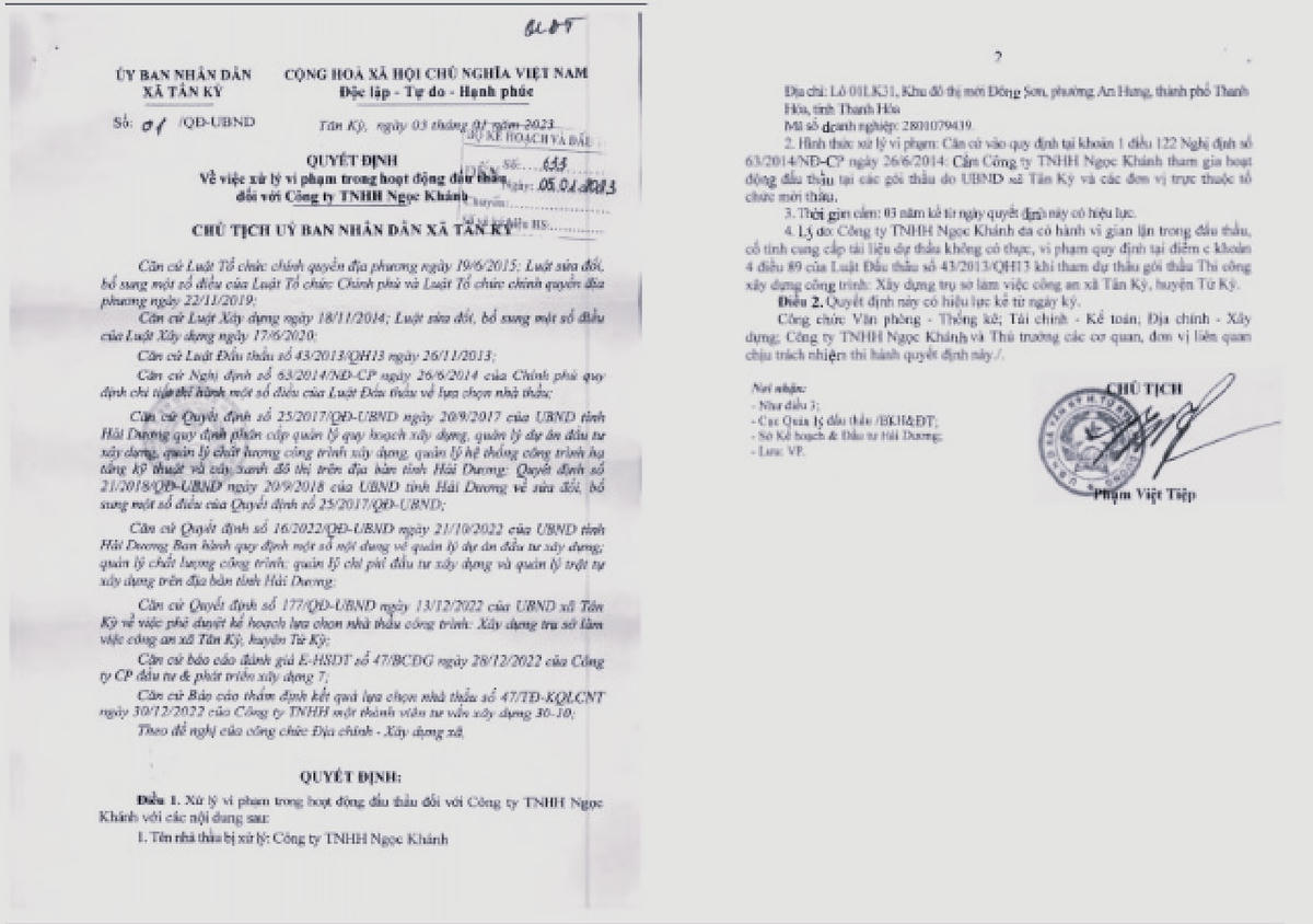 Quyết định số 01/QĐ-UBND ngày 3/1/2023 của UBND xã Tân Kỳ về việc xử lý vi phạm trong hoạt động đấu thầu đối với Công ty TNHH Ngọc Khánh.