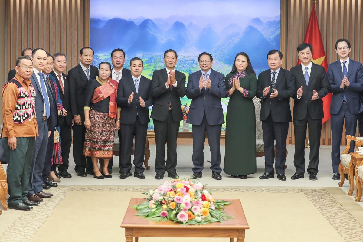 Thủ tướng Phạm Minh Chính và đoàn công tác Ủy ban Trung ương Mặt trận Lào xây dựng đất nước tại buổi tiếp. Ảnh: Quang Vinh.
