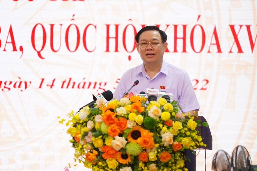 Chủ tịch Quốc hội Vương Đình Huệ phát biểu tại buổi tiếp xúc.
