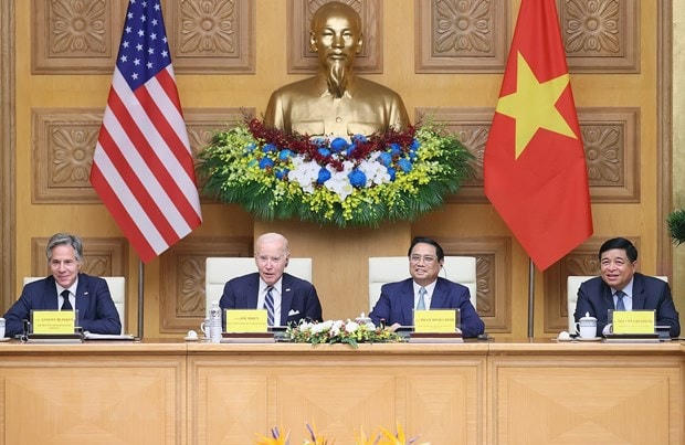 Thủ tướng Phạm Minh Chính và Tổng thống Hoa Kỳ Joe Biden dự Hội nghị cấp cao Việt Nam-Hoa Kỳ về Đổi mới sáng tạo và Đầu tư. (Ảnh: Dương Giang/TTXVN).