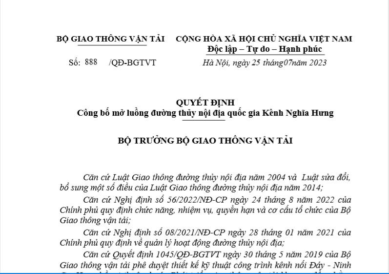 Quyết định công bố mở luồng của Bộ GTVT.