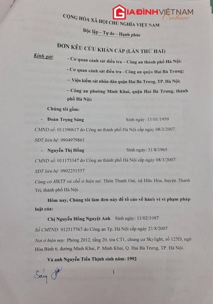 Bà Hồng, ông Sáng gửi đơn kêu cứu lần thứ 2 đến các cơ quan chức năng TP Hà Nội.