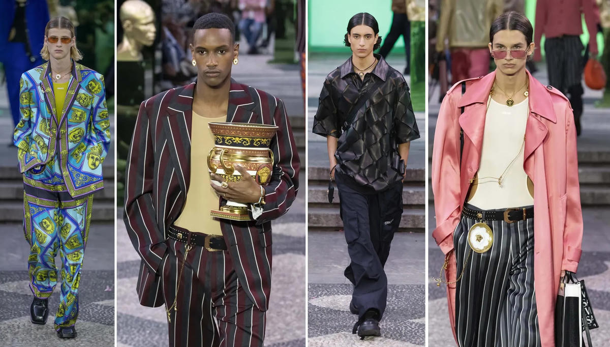 Nhà mốt Fendi - Da rắn, kẻ sọc, bộ suit sắc nét và áo khoác nỉ - tất cả đều đại diện cho một thế giới mà Versace đang nhắm đến một thế hệ mới - Thế hệ gen Z. Gen Z mang lại cho Donatella một cảm giác tự do phong khoáng của tuổi trẻ, không ngại kết hợp những mảng màu trái ngược.