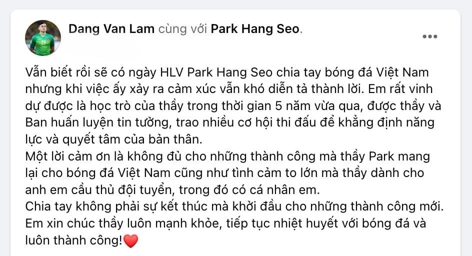 Lời cảm ơn của Đặng Văn Lâm gửi cho ông Park.