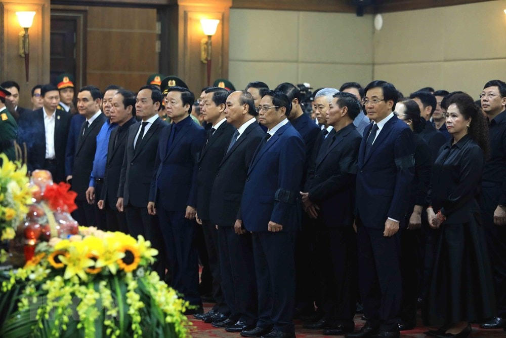 Thủ tướng Phạm Minh Chính, các lãnh đạo, nguyên lãnh đạo Đảng, Nhà nước tại Lễ Truy điệu Phó Thủ tướng Lê Văn Thành. (Ảnh: Lâm Khánh/TTXVN).