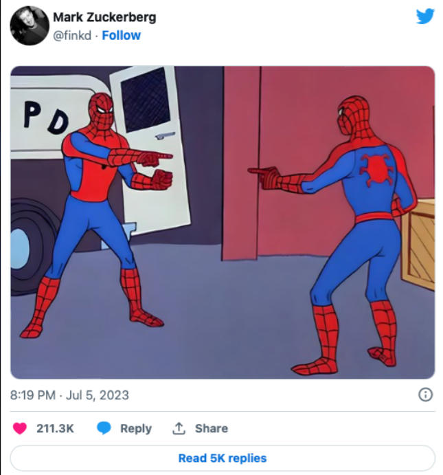 Mark Zuckerberg chia sẻ hình ảnh này lên Twitter khi ứng dụng Threads ra mắt. Ảnh: Twitter.