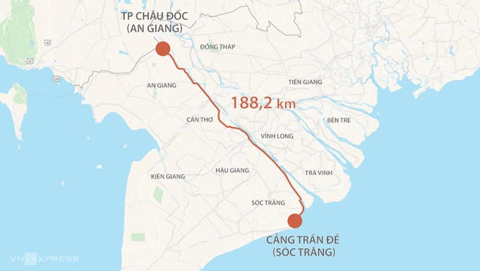 Hướng tuyến cao tốc Châu Đốc - Cần Thơ - Sóc Trăng. Đồ họa: Thanh Huyền.