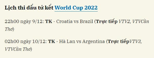 Lịch thi đấu và trực tiếp tứ kết World Cup 2022 ngày 9/12