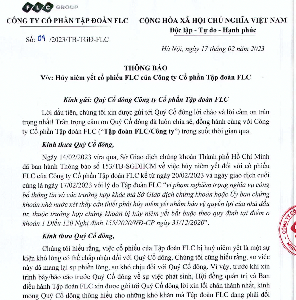 Lãnh đạo FLC gửi 'tâm thư' tới cổ đông