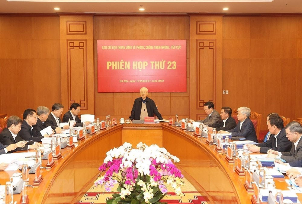 Sáng 12/1/2023, tại Trụ sở Trung ương Đảng, Tổng Bí thư Nguyễn Phú Trọng, Trưởng Ban Chỉ đạo chủ trì Phiên họp thứ 23 của Ban Chỉ đạo Trung ương về phòng, chống tham nhũng, tiêu cực. (Ảnh: Trí Dũng/TTXVN).