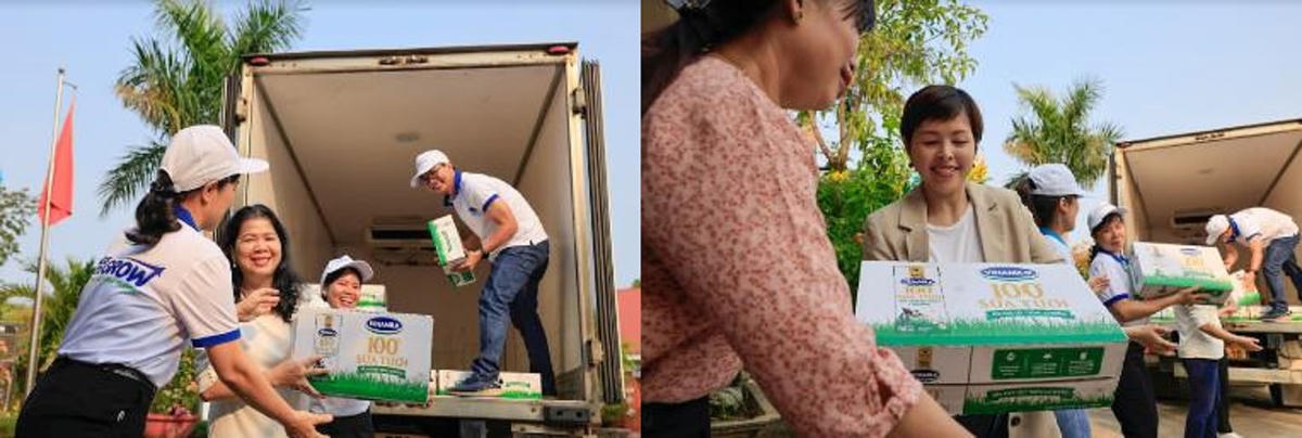Niềm vui của những người làm chương trình khi mang sữa đến cho trẻ em có hoàn cảnh khó khăn.