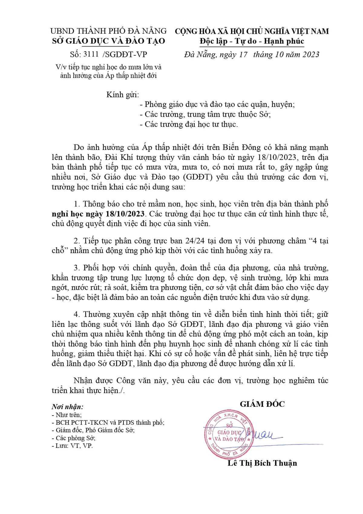 Công văn của Sở Giáo dục và Đào tạo TP Đà Nẵng cho trẻ mầm non, học sinh, sinh viên, học viên nghỉ học ngày 18/10