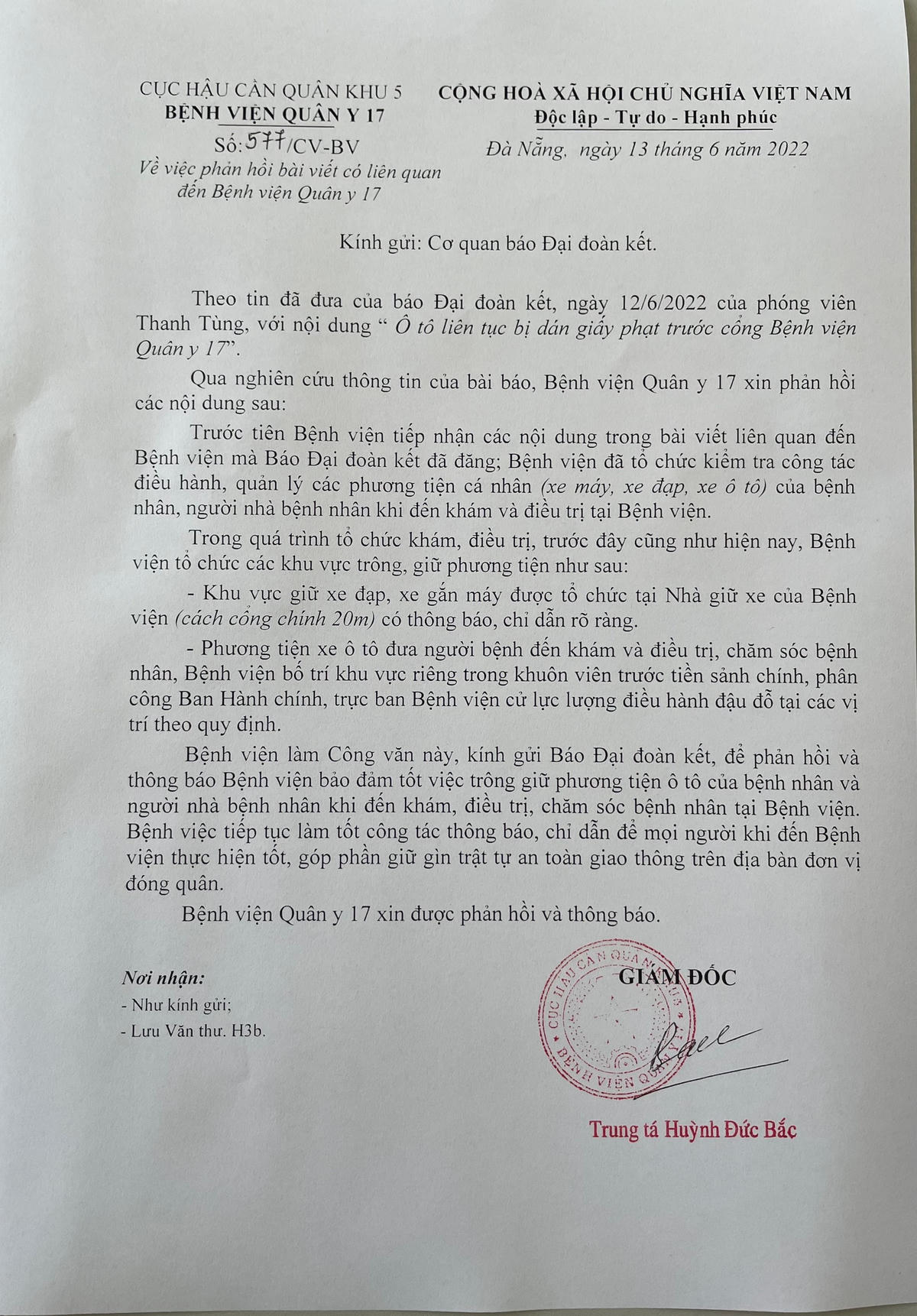 Công văn của Bệnh viện Quân y 17 phản hồi Báo Đại Đoàn Kết.