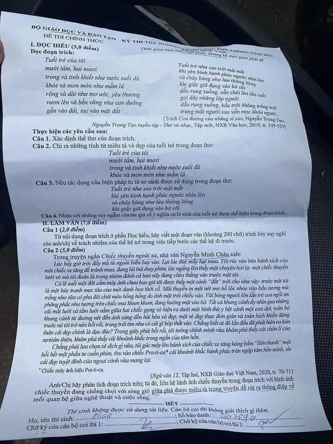 Đề thi môn Ngữ văn.