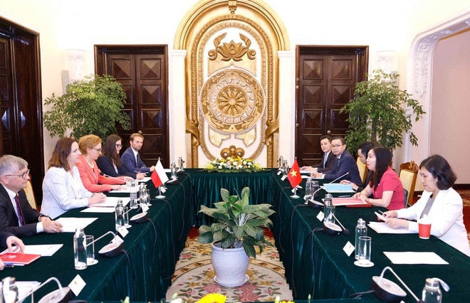 Thứ trưởng Ngoại giao Lê Thị Thu Hằng và Phó Quốc vụ khanh Bộ Ngoại giao Ba Lan Anna Krystyna Radwan-Rohrenschef đồng chủ trì Tham vấn chính trị cấp Thứ trưởng Ngoại giao Việt Nam - Ba Lan sáng 30/5/2024. (Ảnh: Doãn Tấn/TTXVN) viet-nam-ba-lan-2.jpg