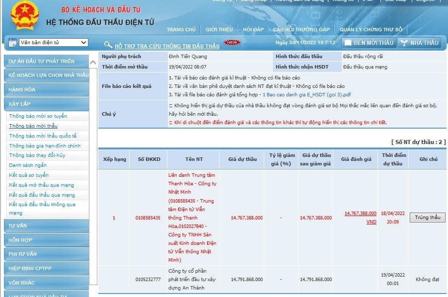 Kết quả đăng tải nhà thầu trúng thầu trên hệ thống mạng ĐTQG ngày 17/05/2022. Gói thầu này được mở vào ngày 19/04/2022.