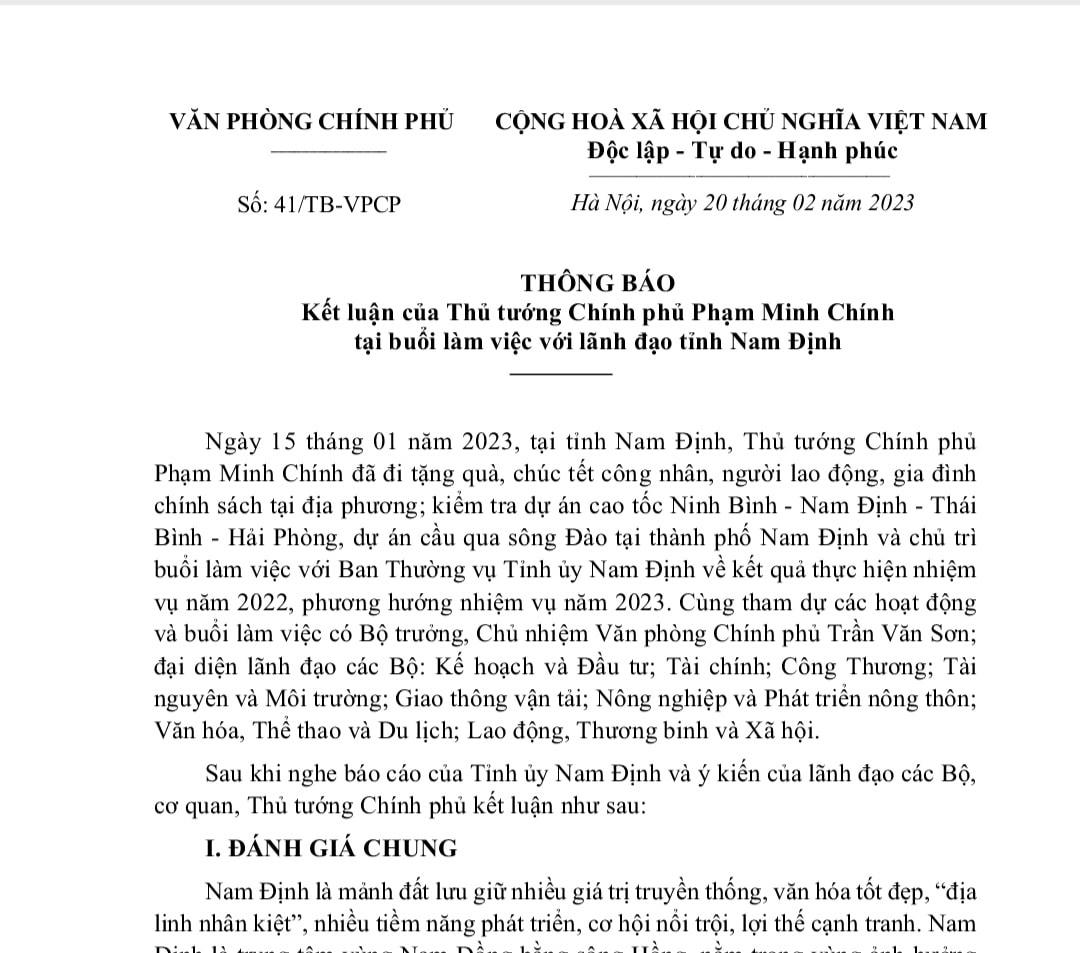 Văn bản Thông báo của Văn phòng Chính phủ thông báo kết luận của Thủ tướng Chính phủ Phạm Minh Chính tại buổi làm việc với lãnh đạo tỉnh Nam Định ngày 15/1.