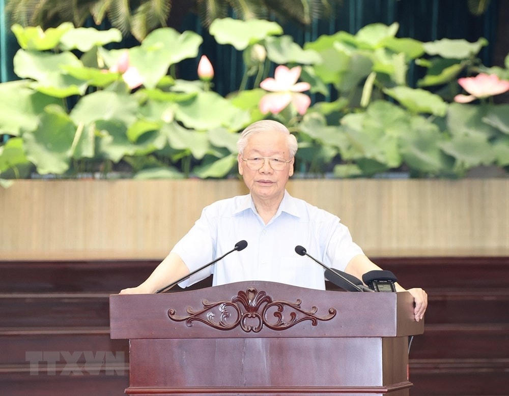Tổng Bí thư Nguyễn Phú Trọng phát biểu kết luận tại buổi làm việc. (Ảnh: Trí Dũng/TTXVN).