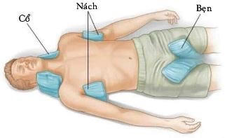 Đắp khăn lạnh, hoặc áp gói nước đá vào nách, bẹn, cổ.