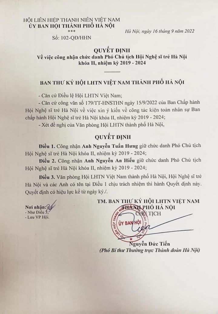 Quyết định nhận chức Phó Chủ tịch Hội Nghệ sĩ trẻ Hà Nội. Ảnh: FBNV. 