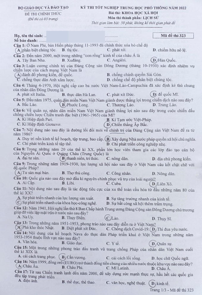 Đề thi môn Lịch sử, mã đề thi 323.