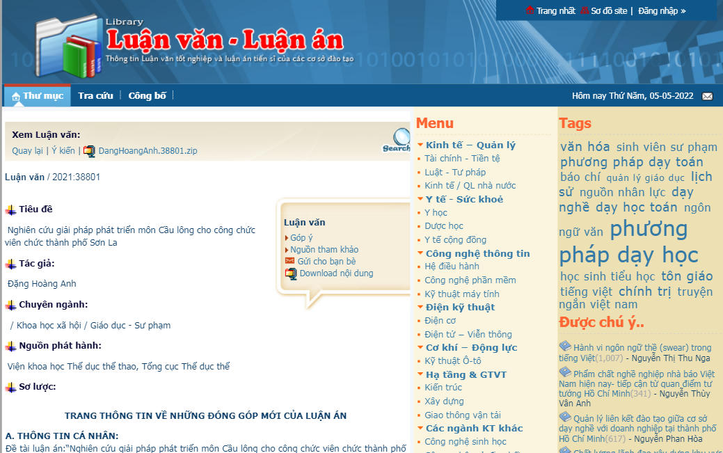 Luận án được công bố trên luanvan.moet.edu.vn - một website chính thức của Bộ GDĐT đăng tải thông tin luận văn tốt nghiệp và luận án tiến sĩ của các cơ sở đào tạo.