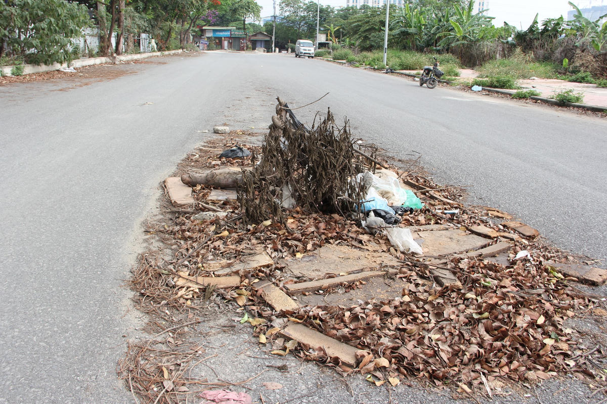 Do hố ga không được đậy nắp nên người dân phải chặt những cành cây bỏ vào để cảnh báo cho người tham gia giao thông biết.