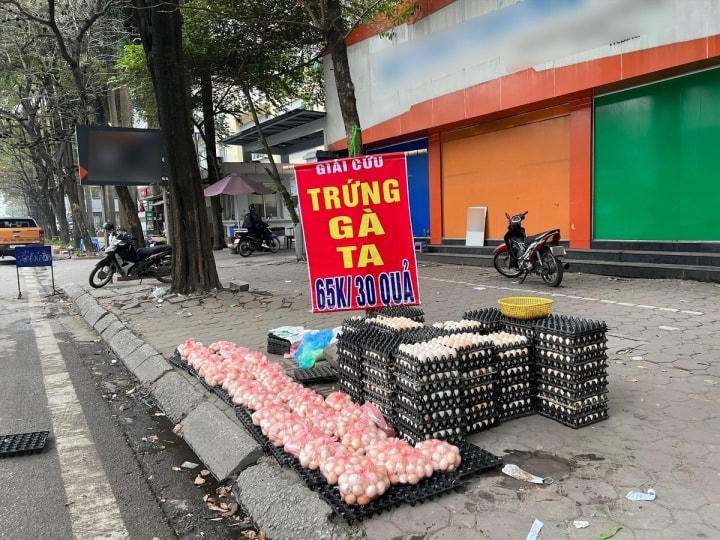 Trứng gà "giải cứu" được bán ngay trên vỉa hè. Ảnh: VTC News.