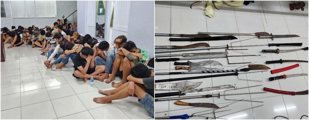 Nhóm 46 thanh niên cùng các loại hung khí bị Công an phường An Hòa, TP Rạch Giá (Kiên Giang) bắt giữ ngày 5/2.