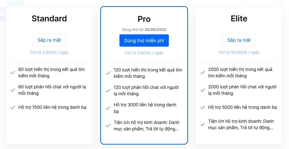 Các phí dịch vụ trả phí do Zalo cung cấp.
