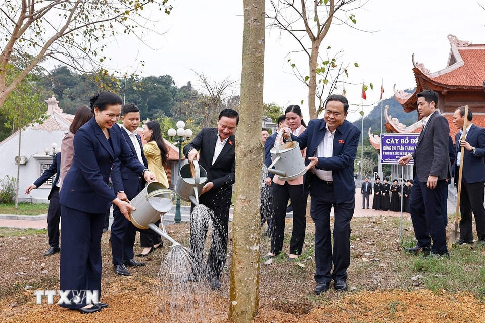 Chủ tịch Quốc hội Trần Thanh Mẫn trồng cây tại Khu tưởng niệm các vị Tiền bối cách mạng. (Ảnh: Doãn Tấn/TTXVN)