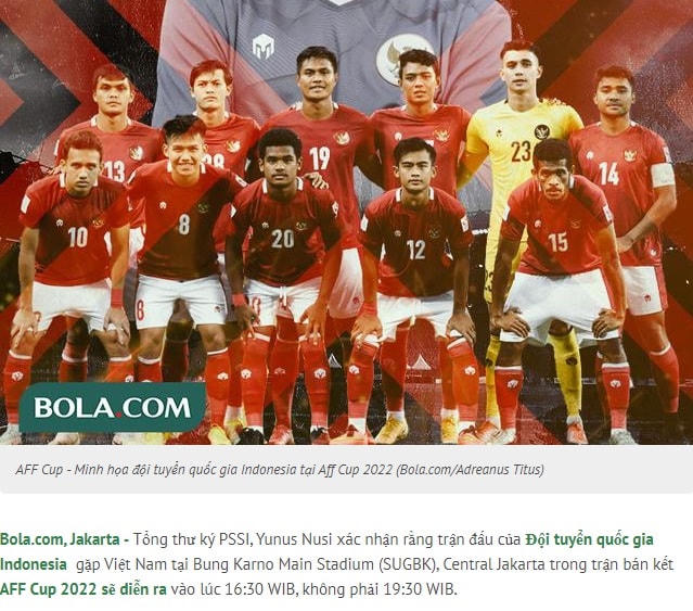 Indonesia đổi giờ đá trận bán kết lượt đi gặp ĐT Việt Nam. Ảnh chụp bài viết trên tờ Bola.