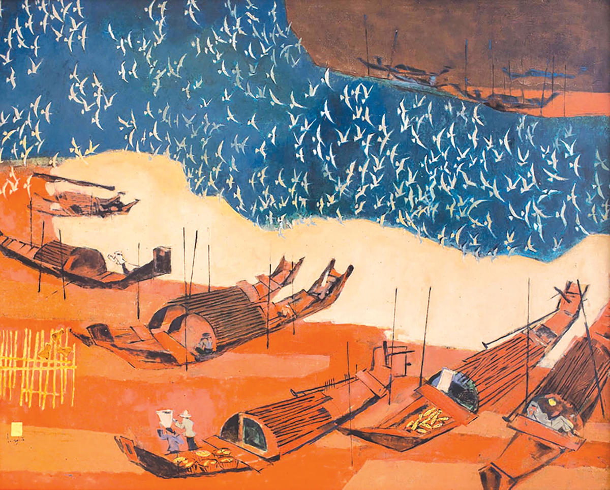 Tác phẩm "Thuyền về bến" của họa sĩ Vũ Duy Nghĩa (120x150cm, sơn mài, 2012).  