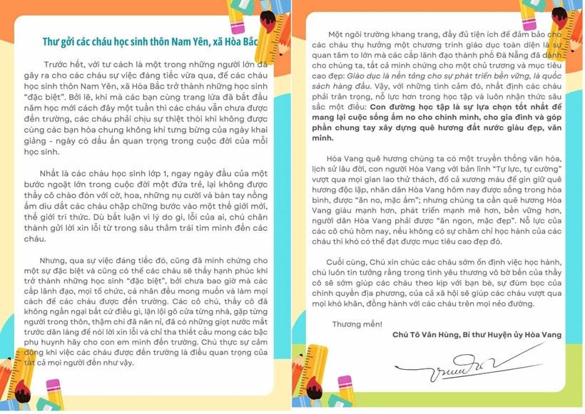 Thư xin lỗi của ông Tô Văn Hùng, Bí thư huyện ủy huyện Hòa Vang (Đà Nẵng) gửi 54 học sinh tiểu học thôn Nam Yên không được đến trường