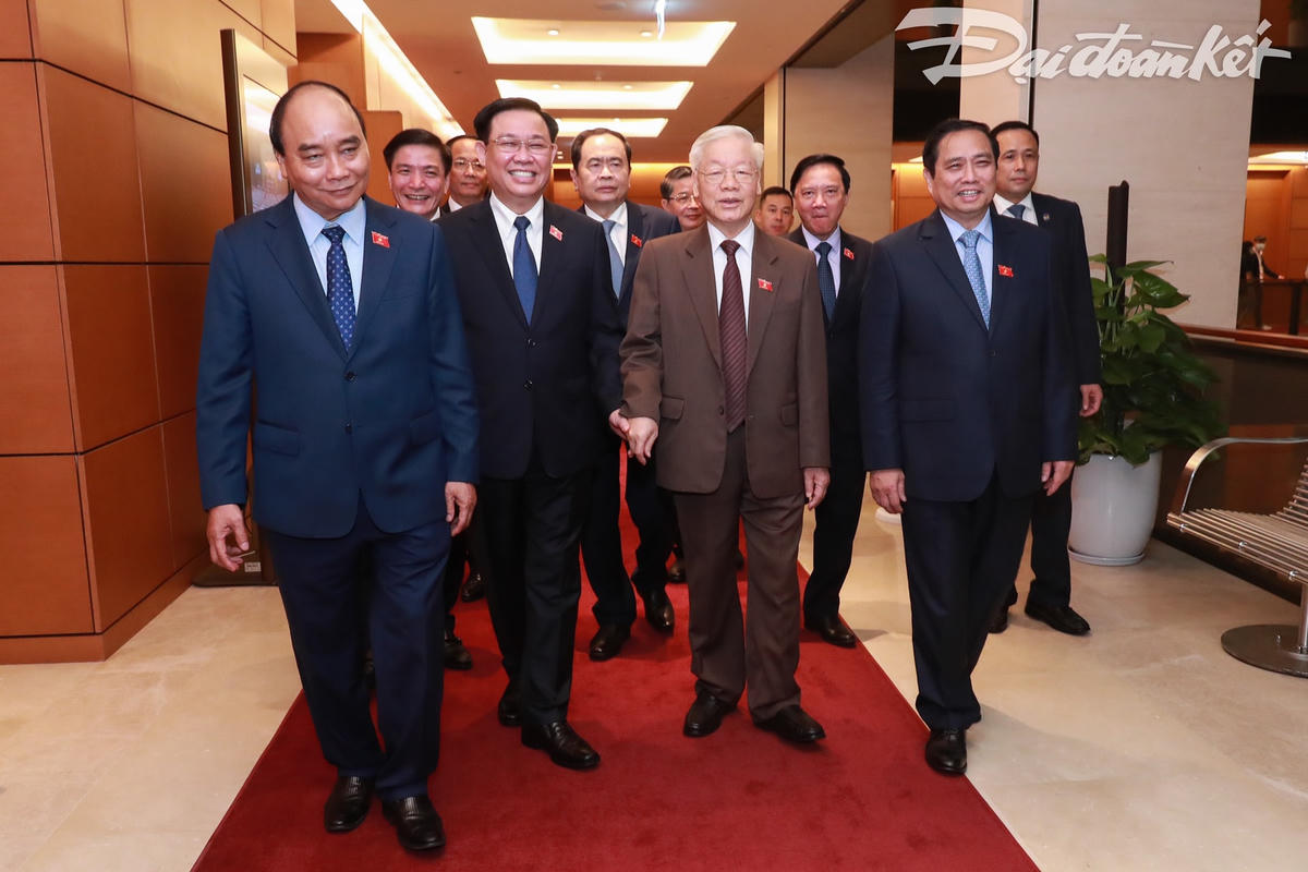 Tổng Bí thư Nguyễn Phú Trọng, Chủ tịch nước Nguyễn Xuân Phúc, Thủ tướng Phạm Minh Chính và Chủ tịch Quốc hội Vương Đình Huệ tới dự lễ khai mạc. Ảnh: Quang Vinh.