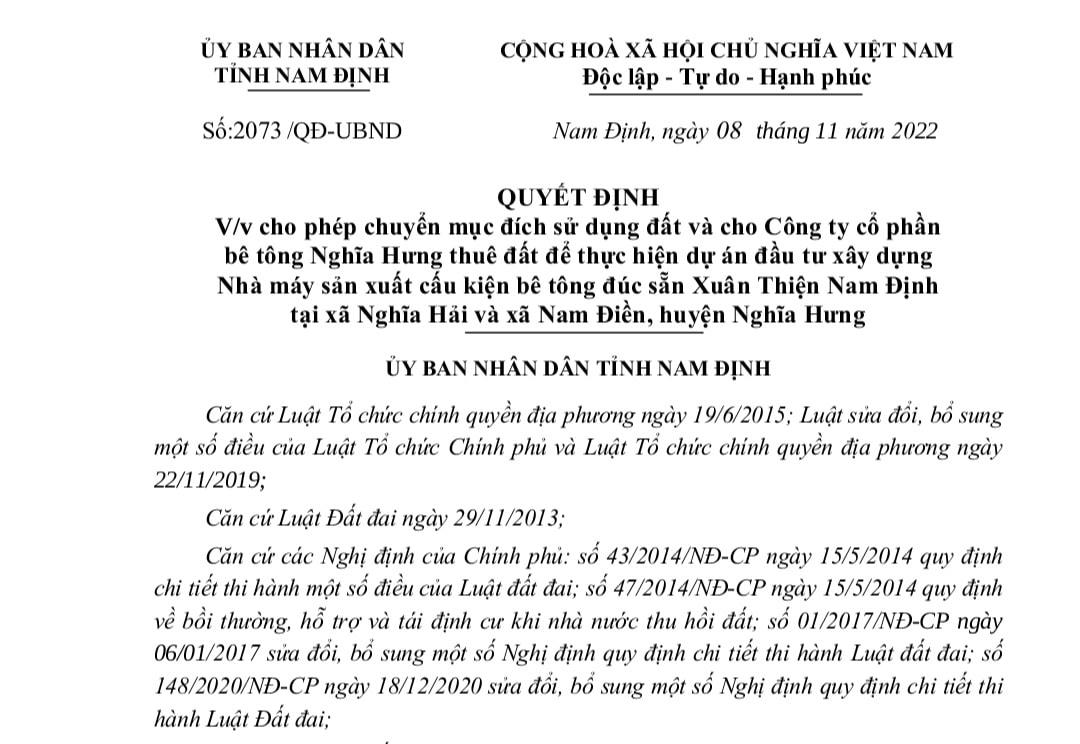 Quyết định mới nhất của UBND tỉnh Nam Định.