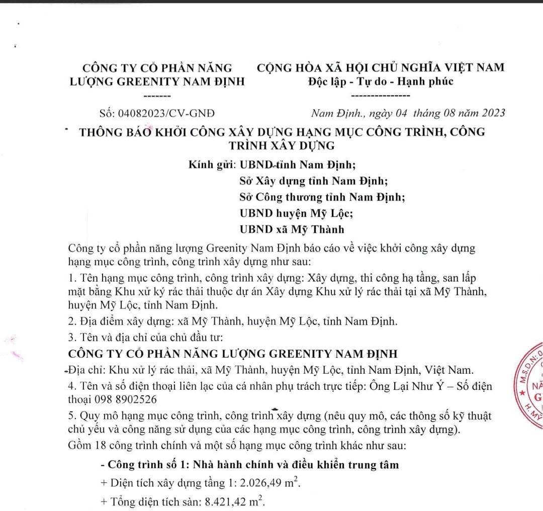 Văn bản Thông báo của Công ty CP Năng lượng Greenity Nam Định.