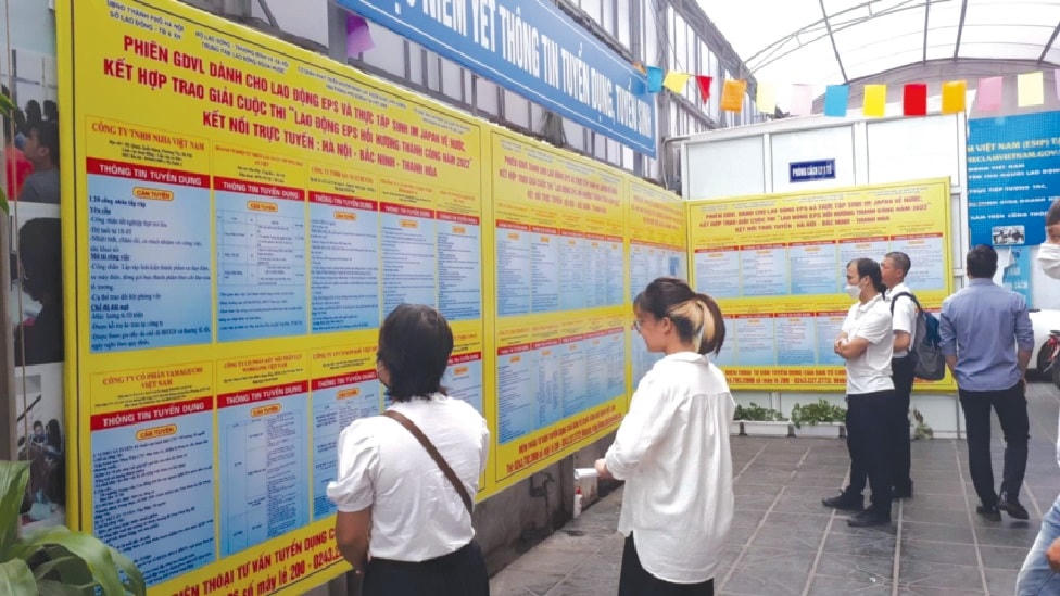 Người lao động tìm kiếm thông tin việc làm tại sàn Giao dịch việc làm Hà Nội.