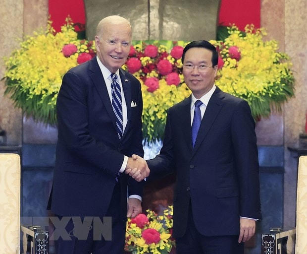 Trưa 11/9/2023, tại Phủ Chủ tịch, Chủ tịch nước Võ Văn Thưởng tiếp Tổng thống Hoa Kỳ Joe Biden đang có chuyến thăm cấp Nhà nước tới Việt Nam trong 2 ngày 10-11/9/2023. (Ảnh: Thống Nhất/TTXVN).