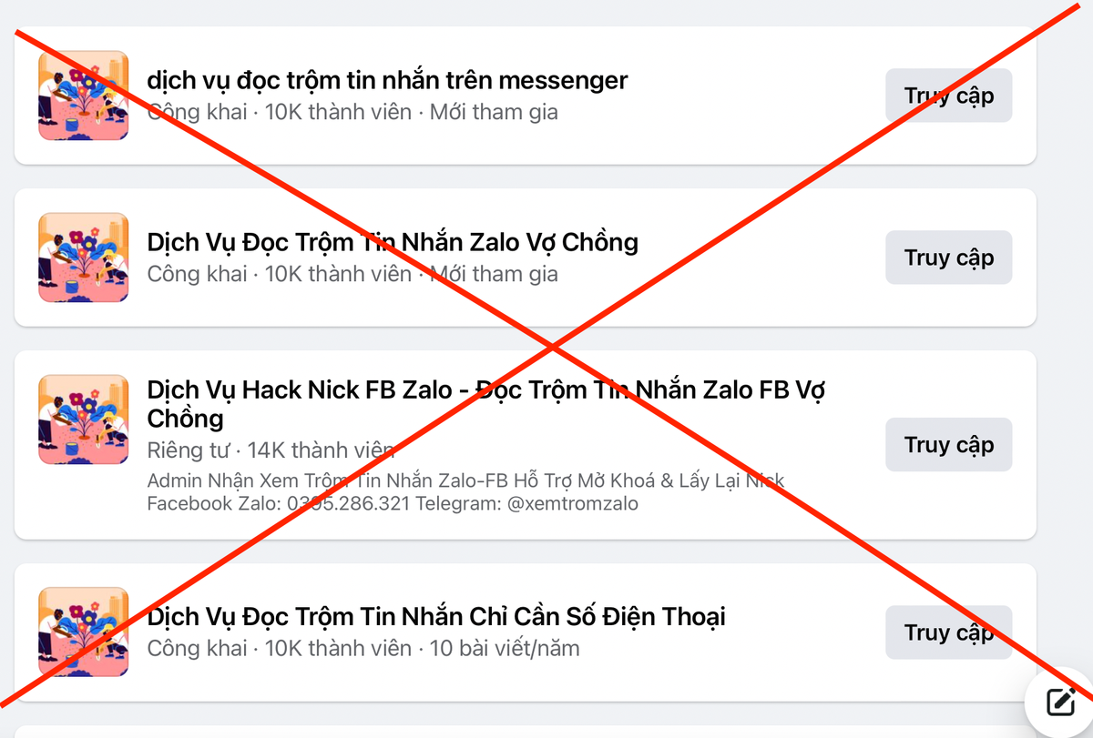 Nhan nhản các hội nhóm quảng cáo dịch vụ đọc trộm tin nhắn facebook, Zalo,... trên mạng xã hội.