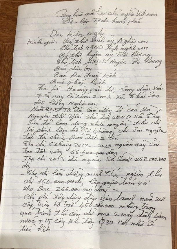 Đơn tố cáo của cán bộ, đảng viên xã Thái Sơn đối với những sai phạm của bà Nguyễn Thị Yến khi đang làm Chủ tịch UBND xã này. 