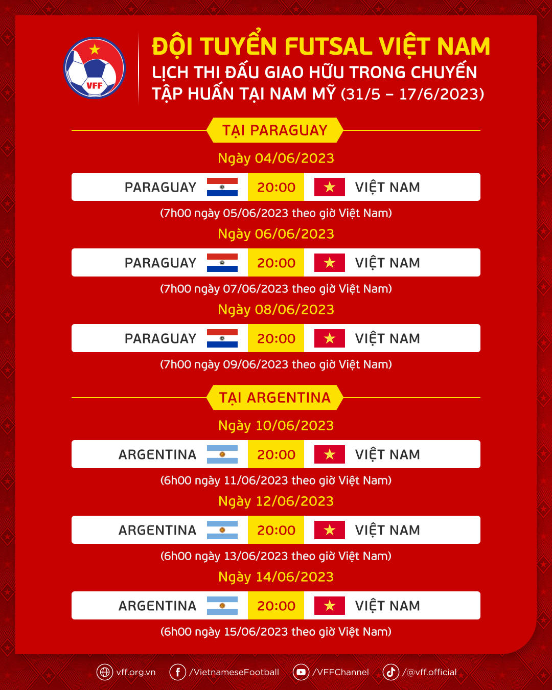 Lịch thi đấu giao hữu của ĐT futsal Việt Nam.