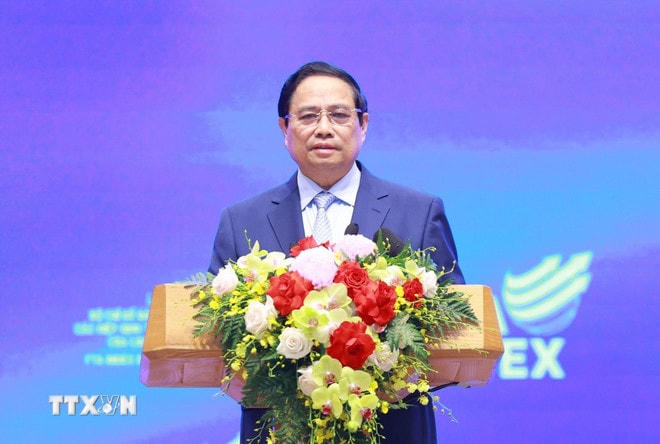 Thủ tướng Phạm Minh Chính phát biểu tại Lễ công bố Bộ chỉ số đánh giá kết quả thực hiện các hiệp định thương mại tự do (FTA INDEX) của các địa phương năm 2024. (Ảnh: Dương Giang/TTXVN) ttxvn-thu-tuong-du-le-cong-bo-bo-chi-so-danh-gia-ket-qua-thuc-hien-cac-hiep-dinh-thuong-mai-tu-do-08-10.jpg