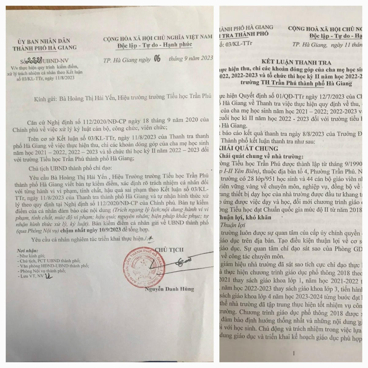 Hiệu trưởng Trường tiểu học Trần Phú (TP Hà Giang, tỉnh Hà Giang) được yêu cầu tự nhận kiểm điểm về những vi phạm, tồn tại sau Kết luận thanh tra.