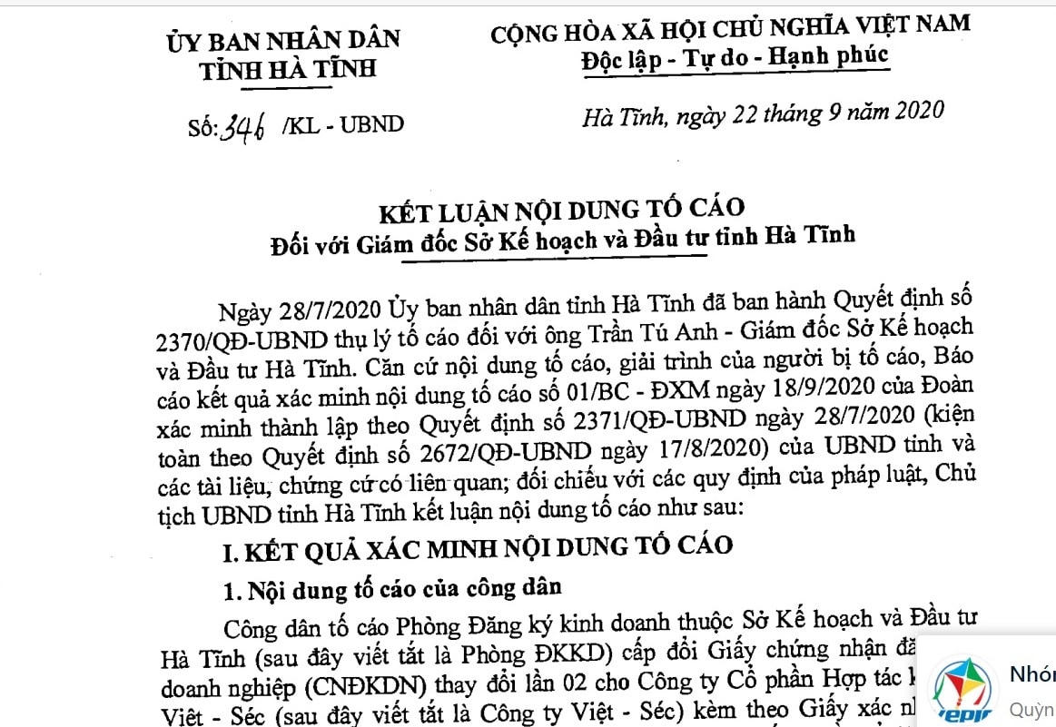 Kết luận của UBND tỉnh Hà Tĩnh.