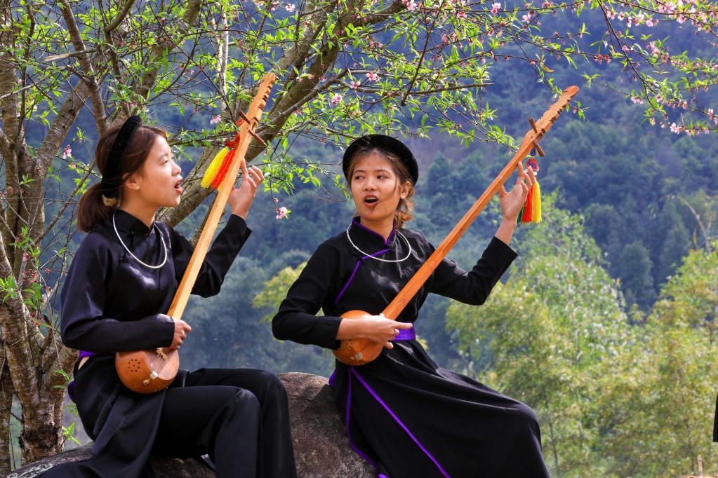 Thiếu nữ dân tộc Tày hát then và chơi đàn tính dưới gốc hoa đào.