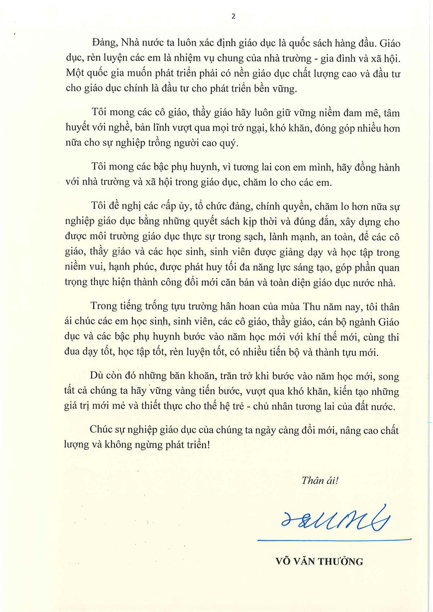 Thư của Chủ tịch nước Võ Văn Thưởng gửi ngành Giáo dục nhân dịp khai giảng năm học 2023 - 2024.