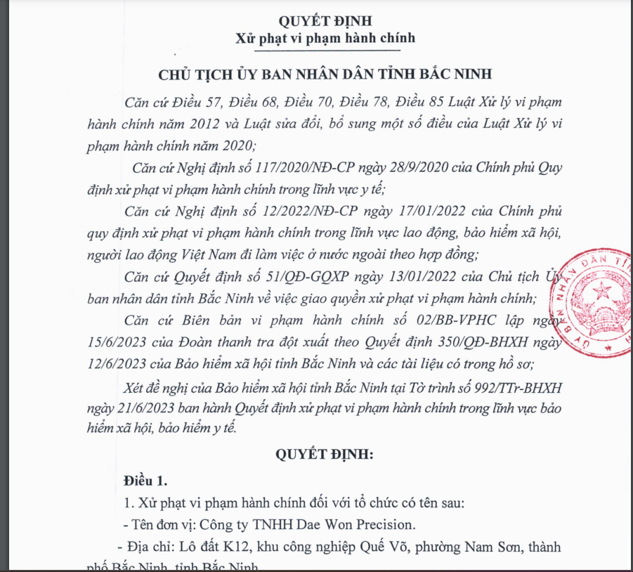Quyết định xử phạt đối với Công ty TNHH Dae Won Precision.