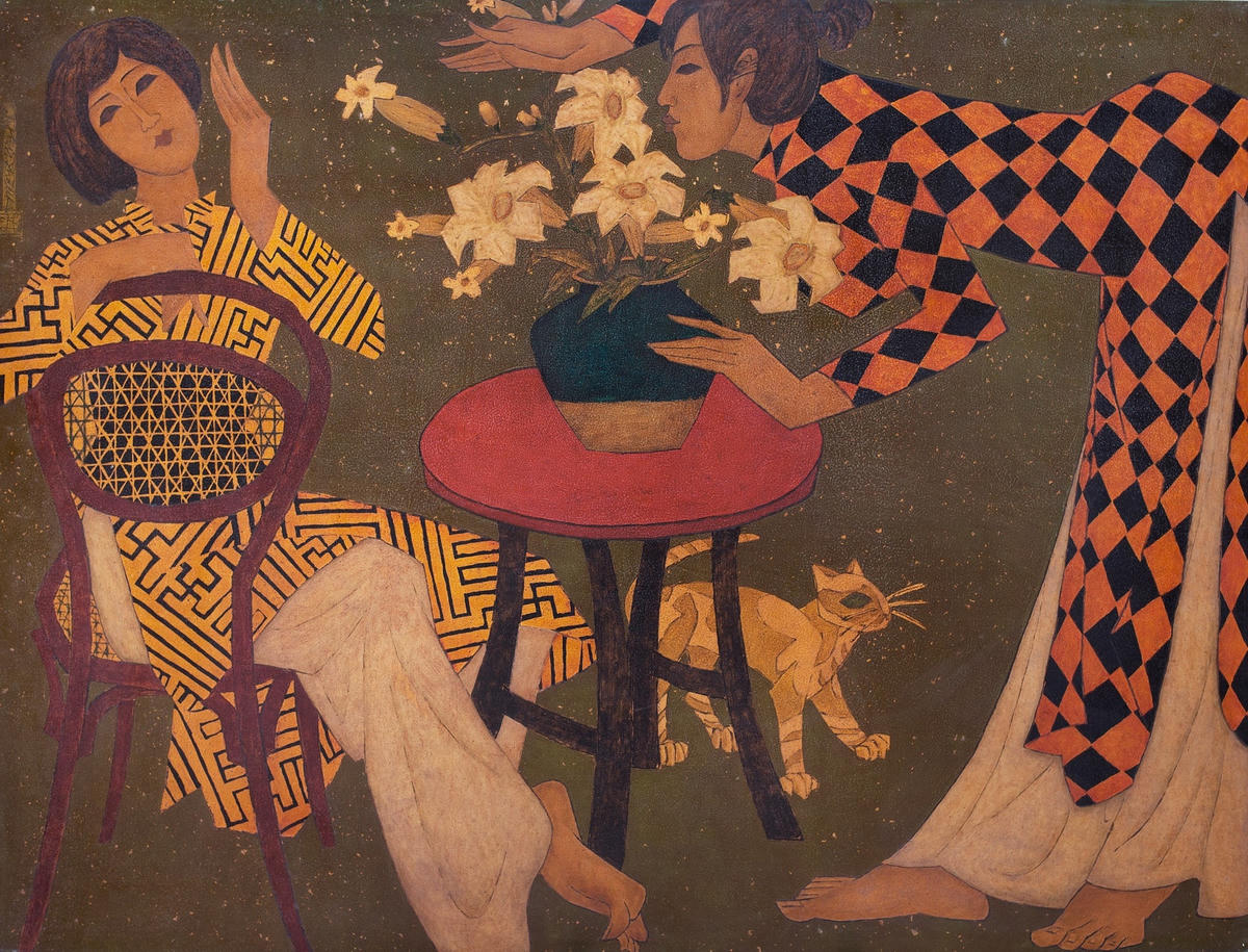 Tác phẩm “Ngày chủ nhật” (2010, sơn mài trên gỗ, kích thước 120 x 160 cm).  